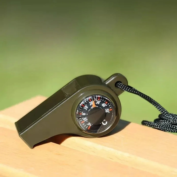 3-in-1 Survival Whistle with Compass & Thermometer – Army Green Emergency Tool