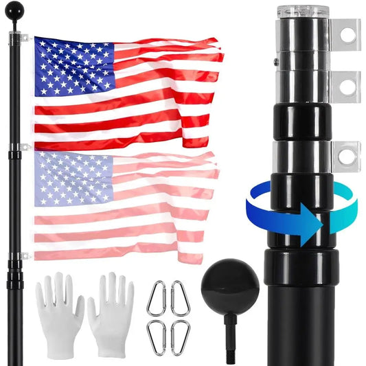 25FT Telescoping Flagpole Kit – Heavy-Duty Black Aluminum with Twist-Lock & American Flag
