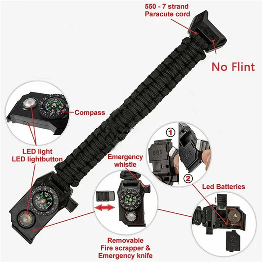 Survival Paracord Bracelet with LED Light – SOS Whistle, Compass & Emergency Rope for Outdoors & EDC